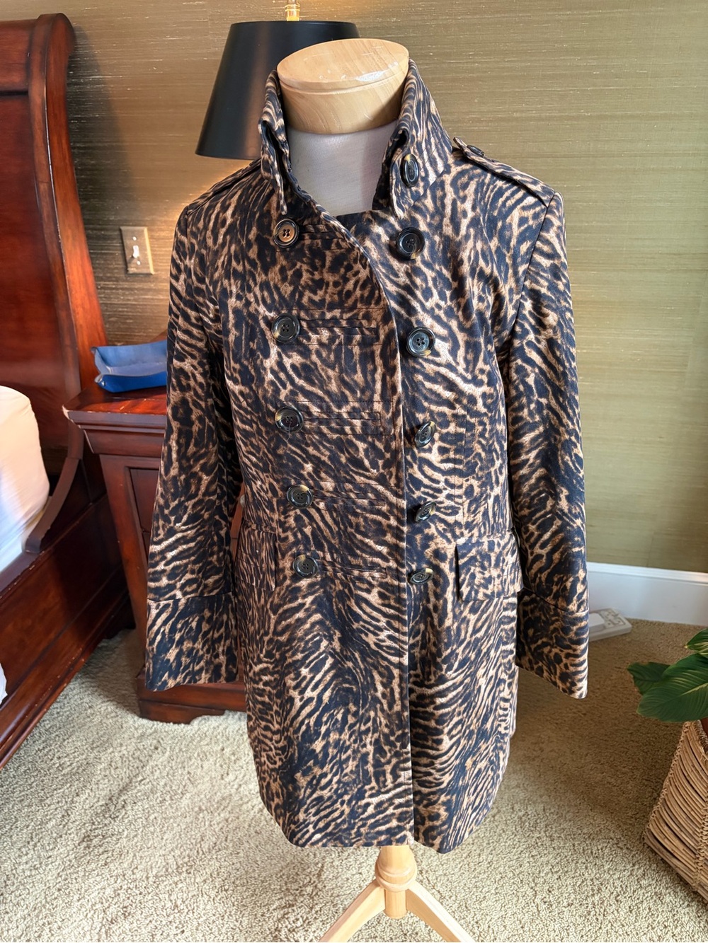 Etcetera Leopard-Style Double-Breasted Pea Coat in Brown and Black